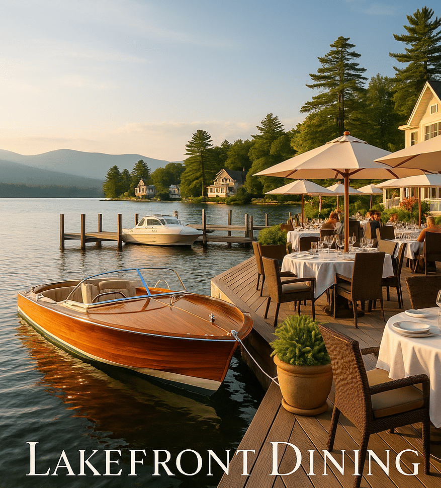 Upscale lakefront dining scene with boats docked nearby